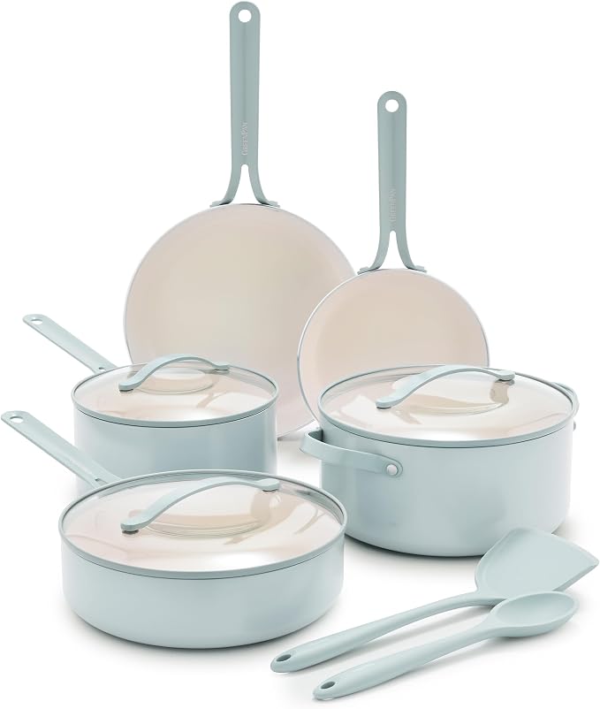 GreenPan Nova 10-Piece Nonstick Cookware Set, PFAS-Free Ceramic Pots & Pans with Silicone Cooking Utensils, Durable Fast Heating, Induction Ready, Oven Safe to 600°F, Dishwasher Safe, Coastline Blue