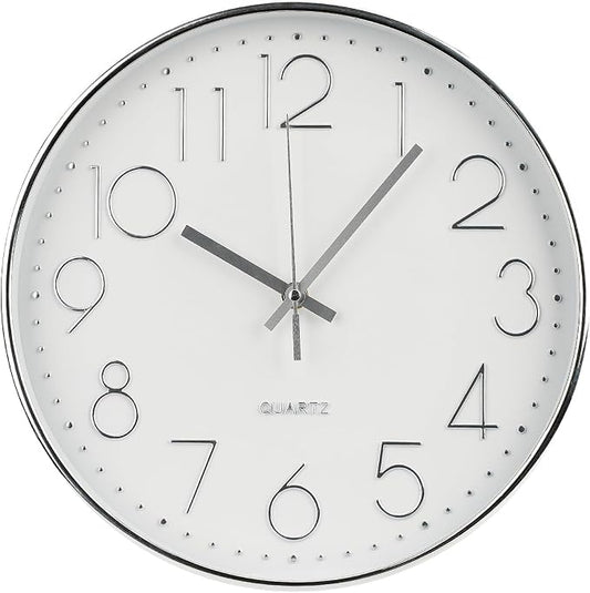 Wall Clock 12 Inch Non-Ticking Silent Modern Simple Style Round Decor Clock Silver Stereoscopic Dial Quartz Wall Clocks for Home/Office/School/Living Room/Bedroom/Kitchen