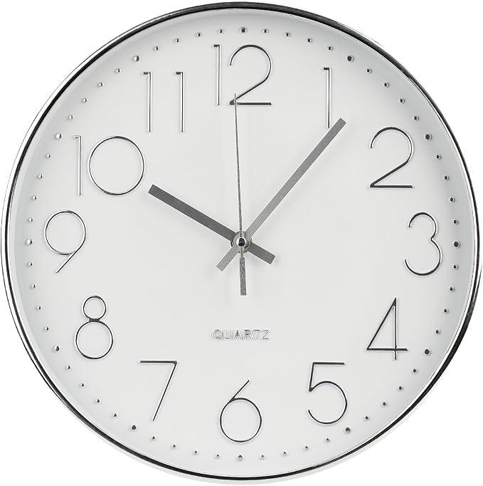 Wall Clock 10 Inch Non-Ticking Silent Modern Simple Style Round Decor Clock Silver Stereoscopic Dial Quartz Wall Clocks for Home/Office/School/Living Room/Bedroom/Kitchen