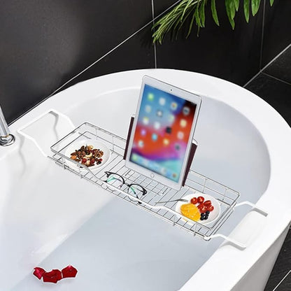 YQh Adjustable Tub Rack, 304 Stainless Steel Bathroom Tray, Multi-Function Tub Organizer with Adjustable Reading Rack, for Tablet or Cell Phone