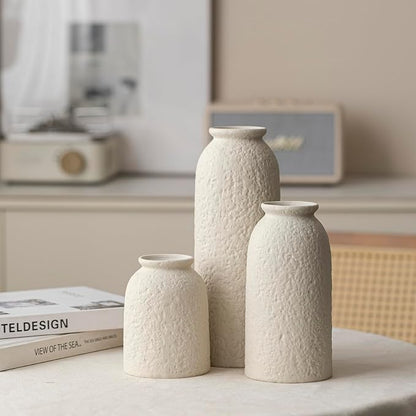 Large Decorative Ceramic Vase Set, 3 Pieces, Nordic Modern Boho Style, Berge Color, Modern Farmhouse for Home Decor (XL Beige Texture)