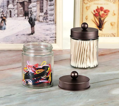 Amolliar 4 Pc Glass Apothecary Jars - Countertop Qtip Dispenser Holder with Stainless Steel Lids&Cute Stickers -Bathroom Vanity Storage Organizer Set for Qtips,Cotton Swabs/Rounds (Bronze)