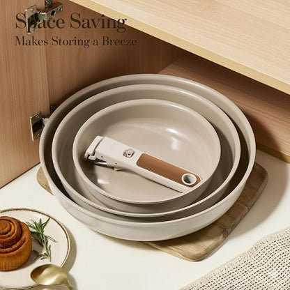 CAROTE 4pcs Ceramic Frying Pans Titanium Non Stick, 8"+10"+12” Frying Pan Egg Pan Omelet Pans with Detachable Handle, Nonstick Cookware, PFOA Free, Induction Compatible & Oven Safe, Dishwasher Safe