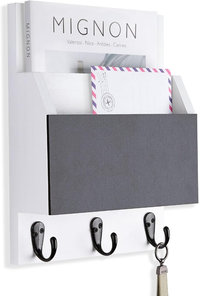Key and Mail Holder for Wall Mount, Entryway Mail Holder with 2 Slot, Key Holder with 3 Sturdy Hooks for Coat, Dog Leash, Decorative Key Rack (8.86”W x 11.42”H x 3”D) (White)