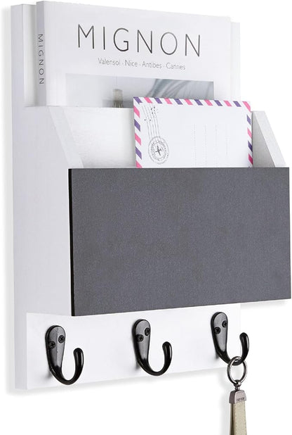 Key and Mail Holder for Wall Mount, Entryway Mail Holder with 2 Slot, Key Holder with 3 Sturdy Hooks for Coat, Dog Leash, Decorative Key Rack (8.86”W x 11.42”H x 3”D) (White)