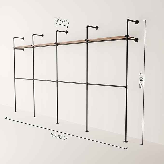 pamo Industrial Pipe Clothing Rack with Shelf– Wall Mounted Black Closet System in Powder-Coated Steel – 154.33" W × 87.4" H – Easy Setup – Ideal for Walk-In Closets & Retail Use