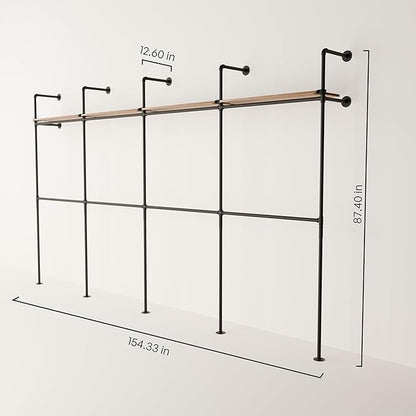 pamo Industrial Pipe Clothing Rack with Shelf– Wall Mounted Black Closet System in Powder-Coated Steel – 154.33" W × 87.4" H – Easy Setup – Ideal for Walk-In Closets & Retail Use