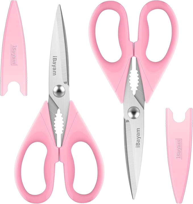 iBayam All Purpose Kitchen 2 Pack Heavy Duty Food Meat Poultry Shears with Protective Sheath, Dishwasher Safe, Comfort-Grip Cute Aesthetic Scissors Gift for Women Mom Wife Her Couple Pastel Pink