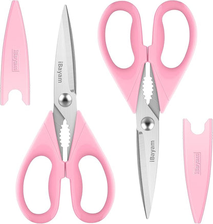 iBayam All Purpose Kitchen 2 Pack Heavy Duty Food Meat Poultry Shears with Protective Sheath, Dishwasher Safe, Comfort-Grip Cute Aesthetic Scissors Gift for Women Mom Wife Her Couple Pastel Pink