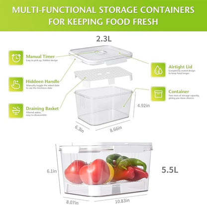 2 PCS Fruit Storage Containers for Fridge with Timer & Strainer, 5.5L+2.3L Bread Box BPA-Free Produce Keepers Leakproof Food Containers with Handle Airtight Lids for Vegetables Fruit Meat Fresh Longer