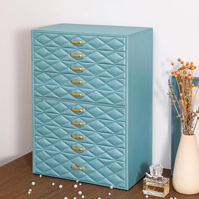 Extra Large Jewelry Box Organizer with 10 Drawers - Premium Faux Leather Storage Case & Velvet Lining | Modern Scandinavian Design for Rings, Necklaces, Earrings
