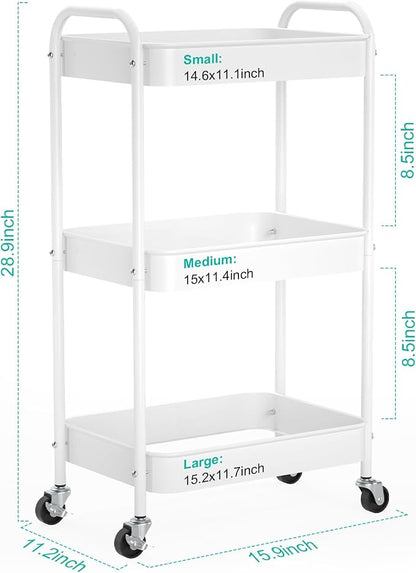 3-Tier Rolling Cart, Metal Utility Storage Carts with Wheels,White | Multi-Functional Organizer Snack Cart Easy Assembly