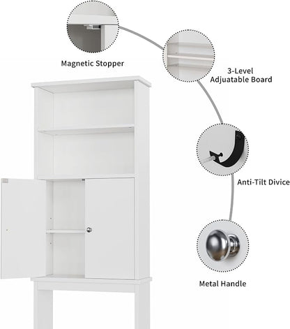 Shintenchi Over the Toilet Storage Cabinet, Bathroom Above the Toilet Rack, Bathroom Adjustable Shelf Organizer with Open Bottom Bar and Anti-Tip Device, White