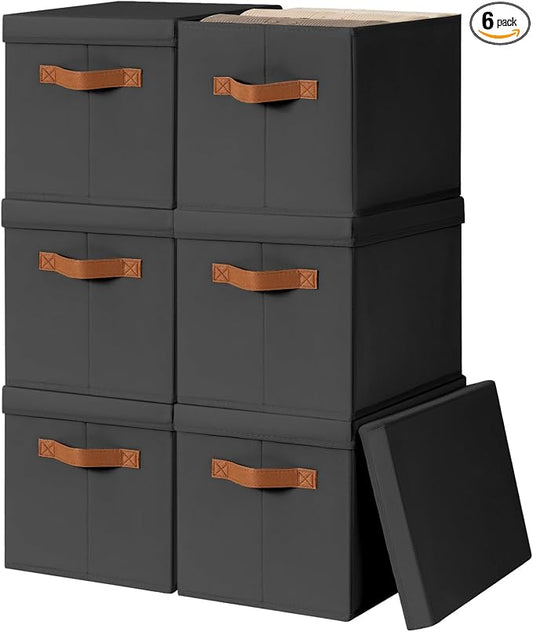 Homsorout Storage Bins with Lids - Fabric Storage Baskets for Shelves, 6 Pack Foldable Decorative Boxes with Handles, Stackable Organizer Bins for Home, Nursery, Dorm, Black