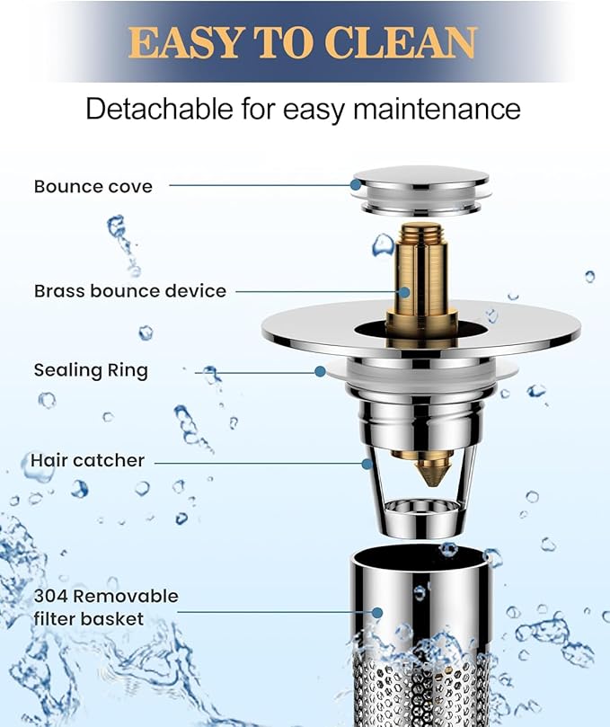 Bathroom Sink Drain Strainer, Universal Pop-up Sink Stopper with Removable Hair Catcher & Stainless Steel Filter Basket, Anti-Clog Drain Protector Fits Most US Standard Bathroom Sinks