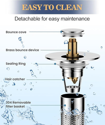 Bathroom Sink Drain Strainer, Universal Pop-up Sink Stopper with Removable Hair Catcher & Stainless Steel Filter Basket, Anti-Clog Drain Protector Fits Most US Standard Bathroom Sinks