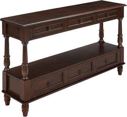 Vintage Solid Wood Console Table with 6 Drawers - 54" Hallway Sofa Table with Bottom Shelf for Entrance, Living Room & Foyer, Espresso