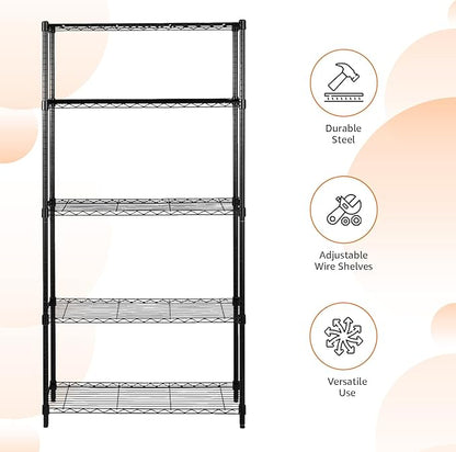 Amazon Basics 5-Shelf Adjustable Heavy Duty Steel Wire Storage Shelves for Garage, Kitchen, Easy Assembly, 36" x 14" x 72", Black
