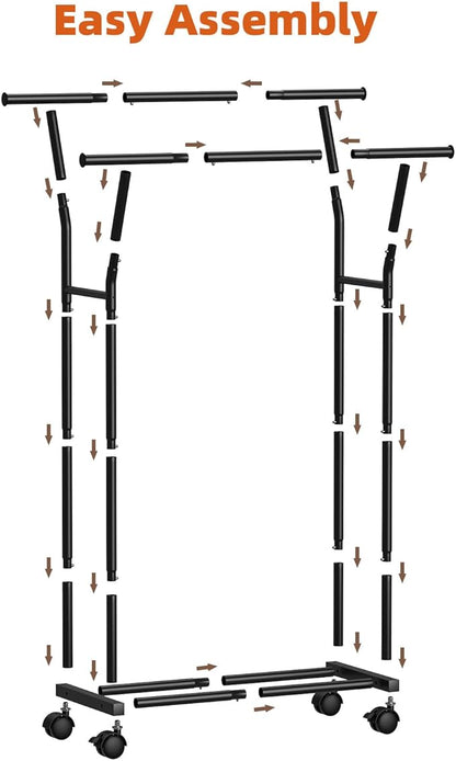 Luxspire Double Rods Clothes Rack for Hanging Clothes, Rolling Clothing Rack with Side Hooks, Bottom Shelves, 360° Wheels, Garment Racks for Bedroom, Laundry, Living Room, Black