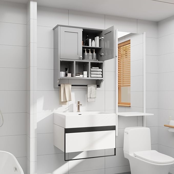 Over-The-Toilet Bathroom Storage Cabinet with Towel Bar, Space-Saving Wall Mounted Medicine Cabinet, 2 Doors & 1 Adjustable Shelf, Easy Install Grey Finish for Bathroom, Kitchen, Living Room
