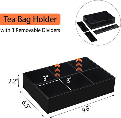 Tasybox Tea Bag Organizer, Black Acrylic Tea Bag Holder with 6 Slot, Tea Packet Storage for Drawer, Pantry, Kitchen, Cabinet, Countertop