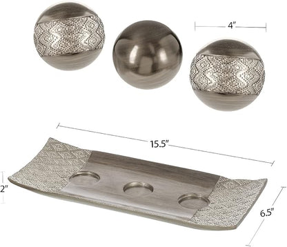 Creative Scents Dublin Silver Decorative Tray and Orbs Balls Set - Centerpiece Bowl with Balls for Dining room Table, Rustic Coffee Table Decor for Living Room Decor, Gift Boxed