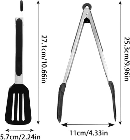 Cooking Tong 9 inches Stainless Steel Kitchen Silicone Serving Tong Heat Resistant Meat Turner Spatula Tongs Fish Tongs with Locking Handle Joint (Black)