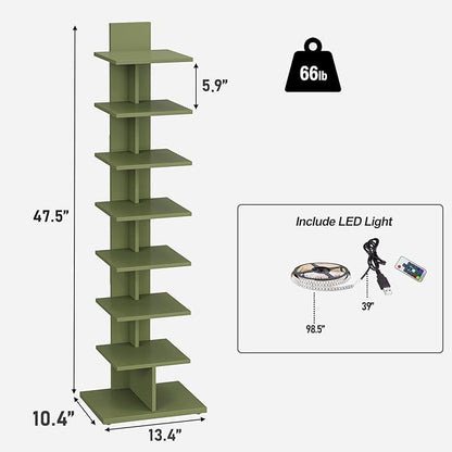 TUTOTAK Narrow Bookshelf, 8-Tier Bookcase with LED Lights, Spine Book Shelf for Small Space, Corner Standing Shelf for Living Room, Office, Study, Entryway, Olive Green BS06BOG008L