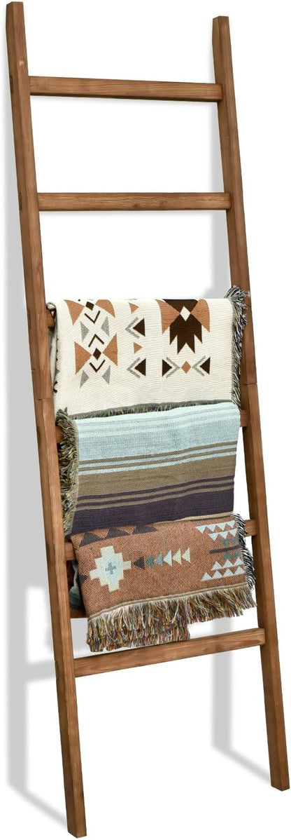 FUIN 6.4ft Extra Wide Wooden Blanket Ladder Living Room Decorative Wal Leaning Farmhouse Quilt Display Holder Rustic Wood Towel Rack for Bathroom, Brown, 24 inch Wide