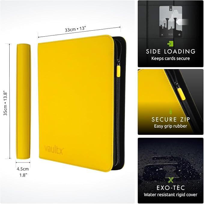 Vault X 12 Pocket Zip Binder, 480 Cards, Exo-Tec Material, 20 Side-Loading Pages (Yellow)