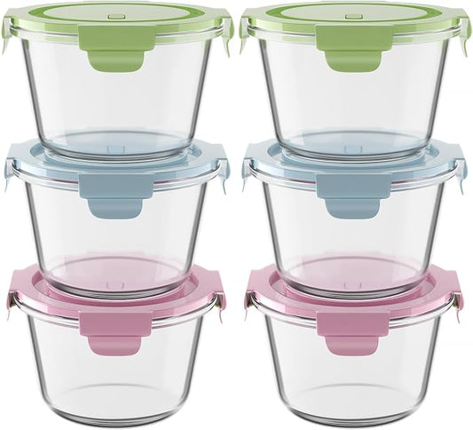 16oz Glass Meal Prep Containers with Lids, Airtight 2 Cup Glass Food Storage Containers Set, Heat-Resistant BPA-Free Container for Soup, Leftovers, Microwave, Oven, Dishwasher & Freezer Safe (6 Packs)