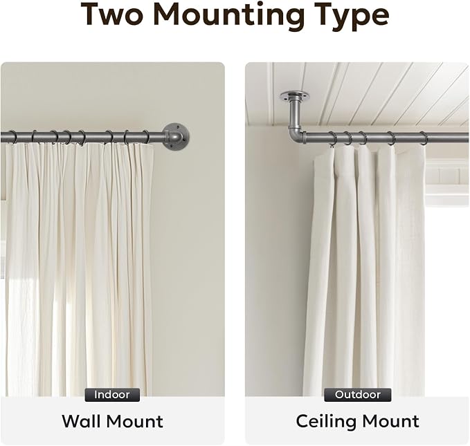 Zeerobee Curtain Rods for Windows 66 to 120, 1 Inch Industrial Wrap Around Grey Curtain Rod, Indoor/Outdoor Room Divider Adjustable Drapery Pole, 66"-120"