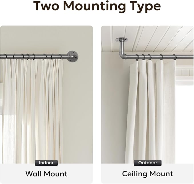 Zeerobee Curtain Rods for Windows 120 to 240, 1 Inch Industrial Wrap Around Grey Curtain Rod, Indoor/Outdoor Room Divider Adjustable Drapery Pole, 120"-240"