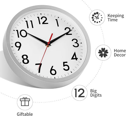 DAXSMY Wall Clock Small Analog 8 Inch Silent Non Ticking Battery Operated Modern Simple Decorative for Kitchen Office Bedroom Bathroom Living Room(Silver)