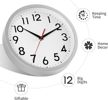 DAXSMY 12 Inch Wall Clock Battery Operated Silent Non Ticking Analog Modern Decorative for Office Kitchen Outdoor Living Room Classroom Bedroom Bathroom School(Silver)