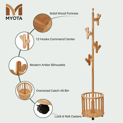 Wood Coat Rack with Umbrella Holder - Wooden Coat Tree Rack Freestanding Heavy Duty Stand with 12 Hooks, Rolling Hat Hanger Racks with Wheels for Bedroom Entryway Hallway Livingroom Corner (Natural)