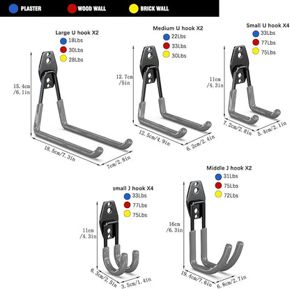 3-H Garage Wall Hooks 14 Pack,Garage Hooks Heavy Duty with Extra Welding Spots,Wall Mount Storage Organizer for Hanging Garden Lawn Tools,Ladder,Bike,WeedEater,Chair,Shovel,Blower(Grey)