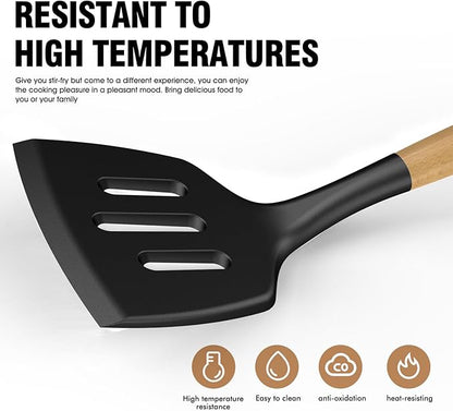 oannao Silicone Cooking Utensils Set Utensil Sets - 446°F Heat Resistant Silicone Kitchen Utensils Set Wooden Handles, Silicone Utensils for Cooking w Holder for Non-Stick Cookware BPA FREE (Black)