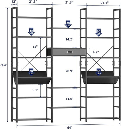 NUMENN Bookcases and Bookshelves Triple Wide 6 Tier Bookshelf, Large Etagere Bookshelf with Storage Drawer, Adjustable Open Display Shelves for Living Room Bedroom Home Office, Black