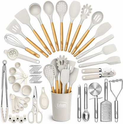 Kaluns 50 PCS Silicone Kitchen Utensils Set Complete Kitchen Set - 800°F Heat Resistant Non-Stick Premium Silicone Cooking Utensils W Wooden Handles - Can Opener, Masher, Turner, Silicone Spatula Set