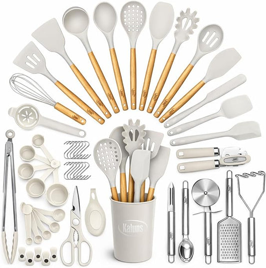 Kaluns 50 PCS Silicone Kitchen Utensils Set Complete Kitchen Set - 800°F Heat Resistant Non-Stick Premium Silicone Cooking Utensils W Wooden Handles - Can Opener, Masher, Turner, Silicone Spatula Set