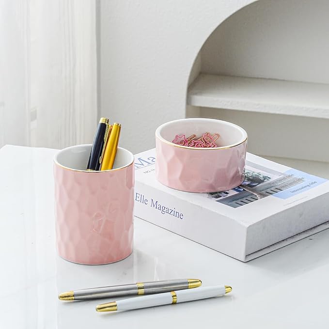 Aesthetic Desk Organizer Set of 2 For Office, Ceramic Pen Holder and Paper Clip Holder Dispenser, Cute Pencil Cup Pot for Desk, Desktop Accessories, Office Decor Makeup Brush Holder (Pink Set)