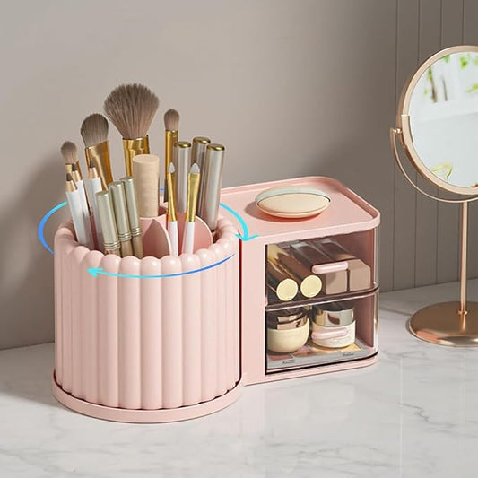 360 Rotating Makeup Organizer Countertop with 2 Drawers, Makeup Brush Holder, Small Preppy Organizer, 9.25x5.11 Inch, Pink