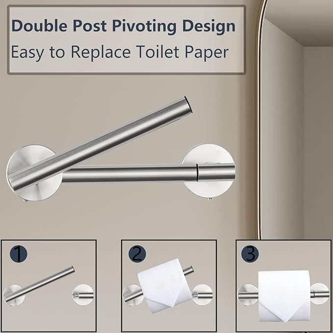 Toilet Paper Holder, Double Post Pivoting Design, Stainless Steel Rustproof Bathroom Tissue Holder, Wall Mount Fits Mega Rolls, for Home, RV, Commercial Bathroom Brushed Nickel