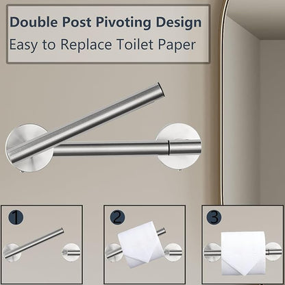 Toilet Paper Holder, Double Post Pivoting Design, Stainless Steel Rustproof Bathroom Tissue Holder, Wall Mount Fits Mega Rolls, for Home, RV, Commercial Bathroom Brushed Nickel