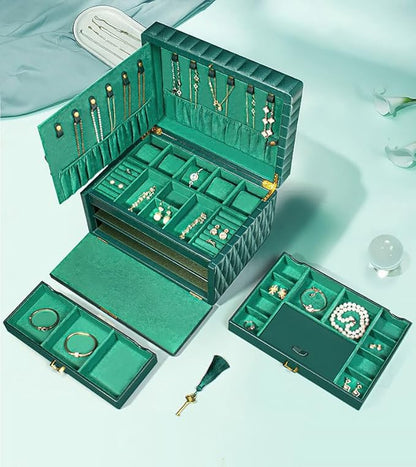 Genuine Leather Jewelry Box – 3 Layer Large Jewelry Organizer with Mirror, Lockable Jewelry Box for Women – Necklace, Ring, Earring Organizer with Drawer - Gifts(Green)