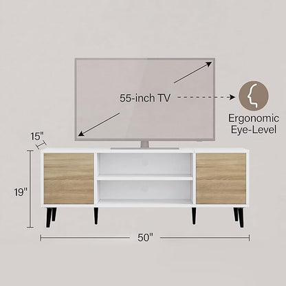 JUMMICO Mid-Century Modern TV Stand for 43-55 Inch TVs, 50 Inch Media Console with Storage, Entertainment Center with Push-Open Cabinets and Cable Management for Living Room (Oak, 50 Inches)