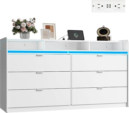 WLIVE 9 Drawer Led Dresser for Bedroom, 58" White Wood Dresser Storage Organizer with Charging Station for 65" TV, Dressers with Open Shelves, Chest of Drawers for Closet, Living Room