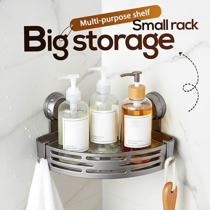 Triangle Suction Cup Corner Shelves No Drilling Bathroom Storage Rack, 2026 New Corner Shower Shelf Suction Cup Shower Caddy Corners Organizer Storage Rack Adhesive with Towel Bar (Gray single-layer)