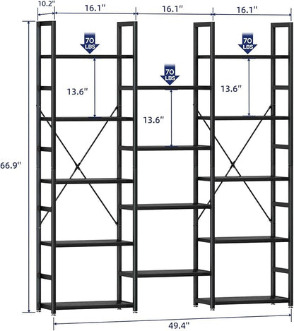 NUMENN Triple Column 5 Tier Bookshelf, Bookcase with 14 Open Display Shelves, Adjustable Rustic Industrial Style Book Shelves, Modern Bookshelves for Bedroom, Living Room and Home Office, Black